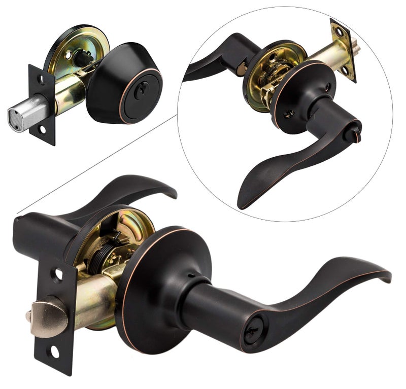 Berlin Modisch Entrance Lever Door Handle (for Office and Front Door) Reversible for Right and Left Side and a Single Cylinder deadbolt Set Keyed Alike Combo Pack - Image 1